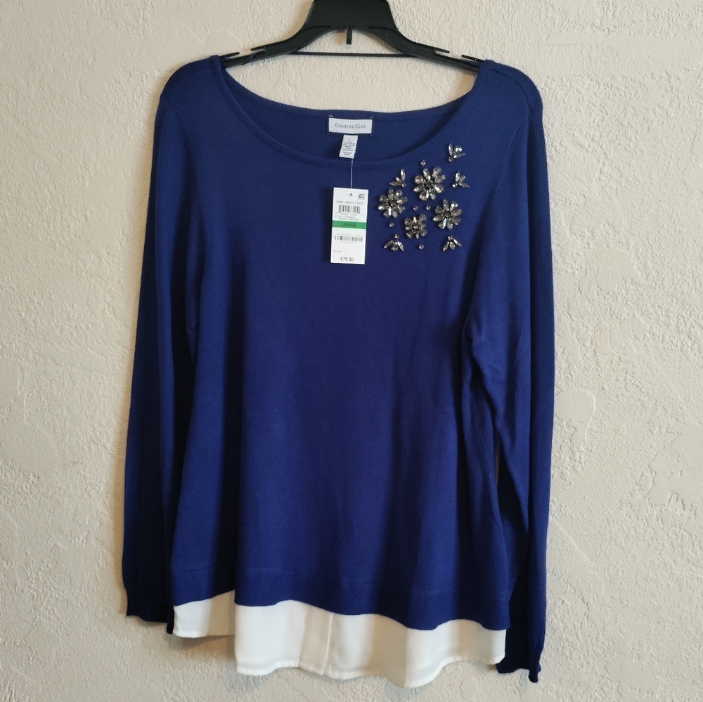 NWT Charter club Women's Size L  sweater top bright sapphire blue